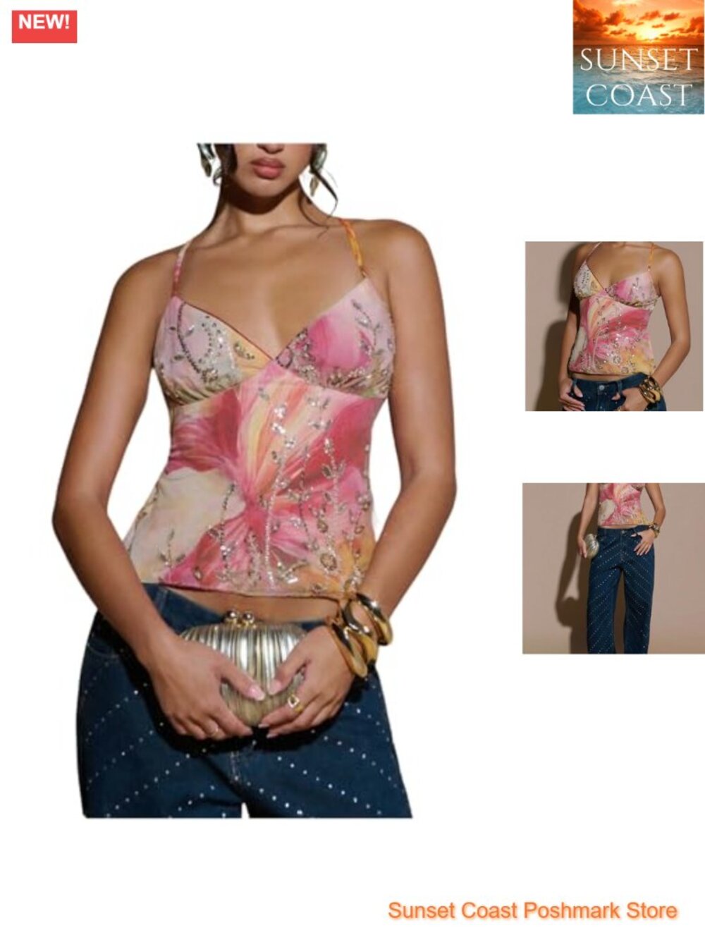 Sequin Halter Tank Top Floral Backless Sparkly Y2K Cropped Sleeveless Party Top